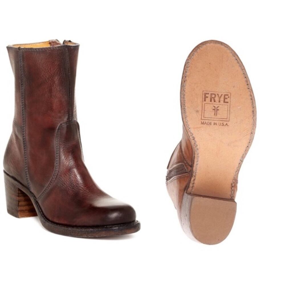 Frye Women's Sabrina mid short zip zipper walnut Leather Boots 8.5 - Picture 3 of 10